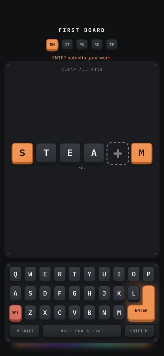 A KEYCAPS board: S and M fixed at the ends with STEA typed between them