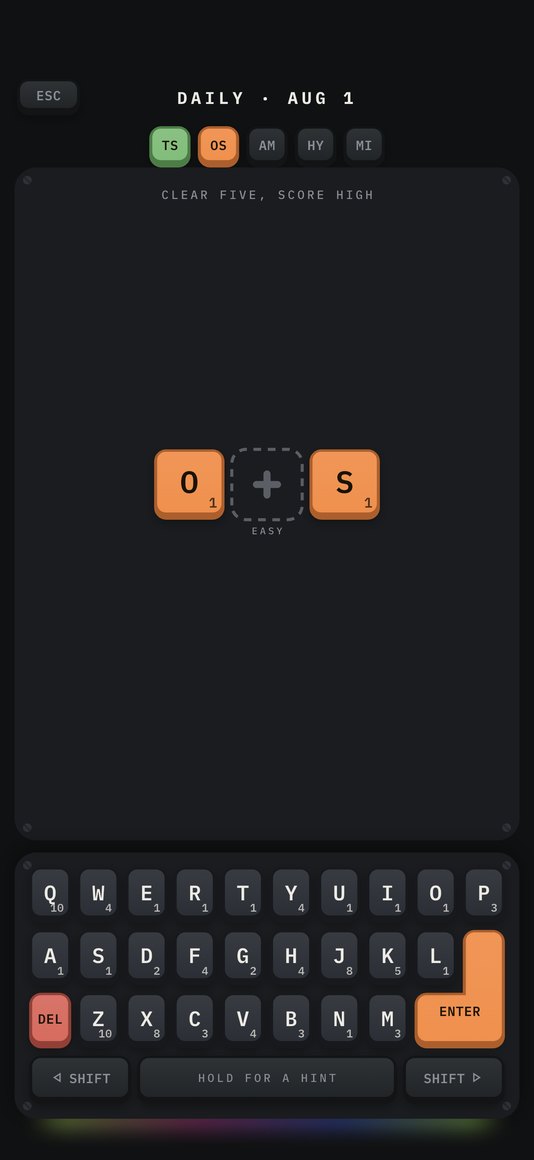 Today's Daily, five keypairs across the top of the board