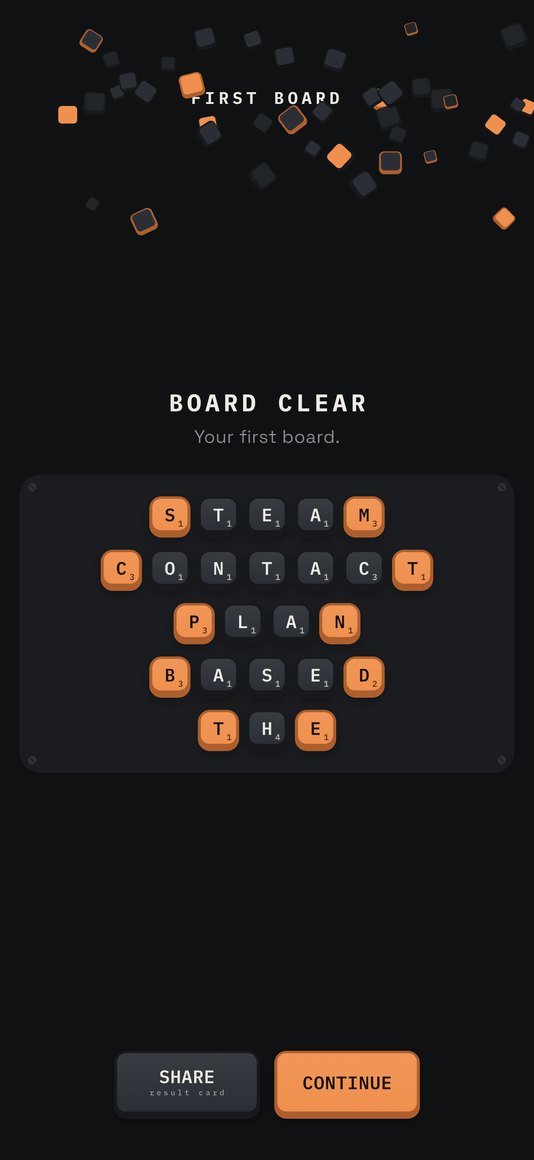 A cleared board, showing the words that were found