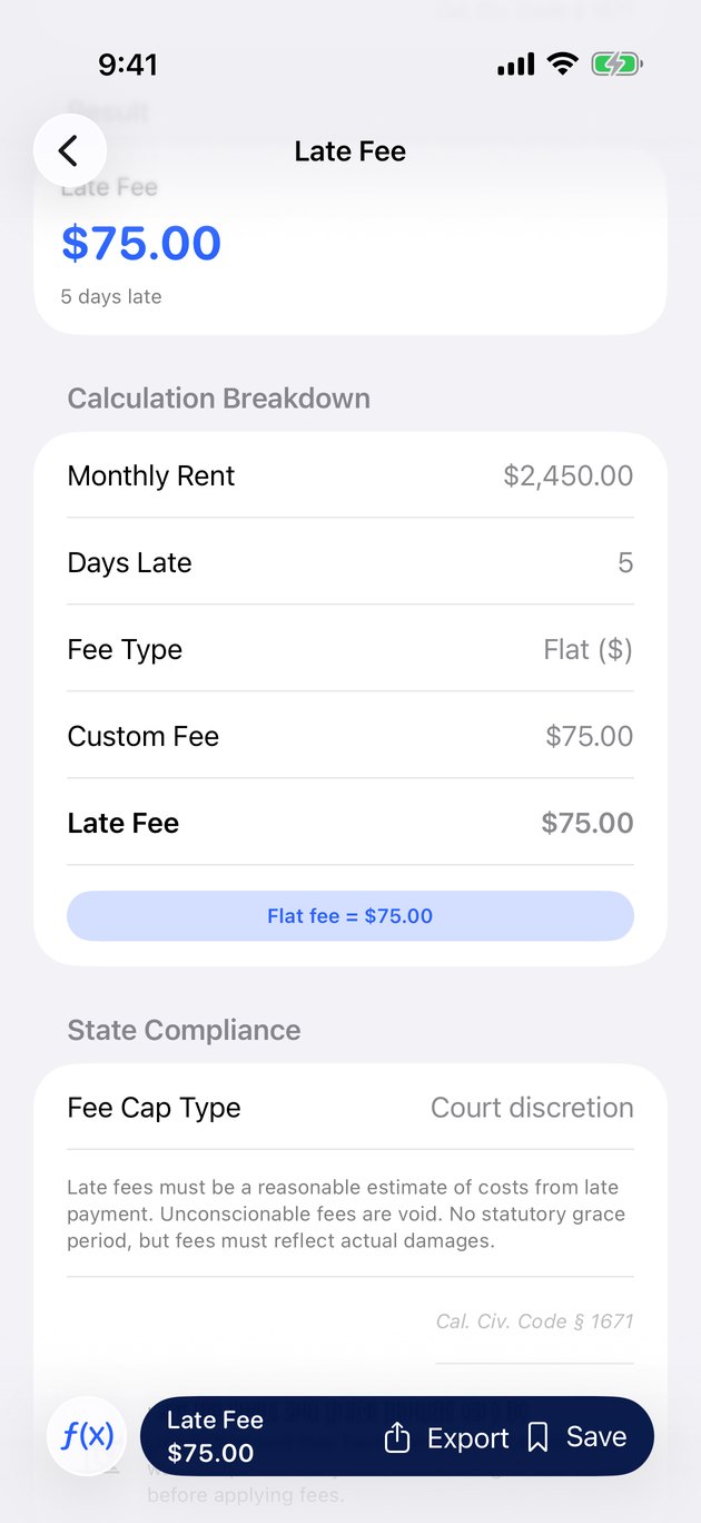 Late fee calculator with built-in state law guidance
